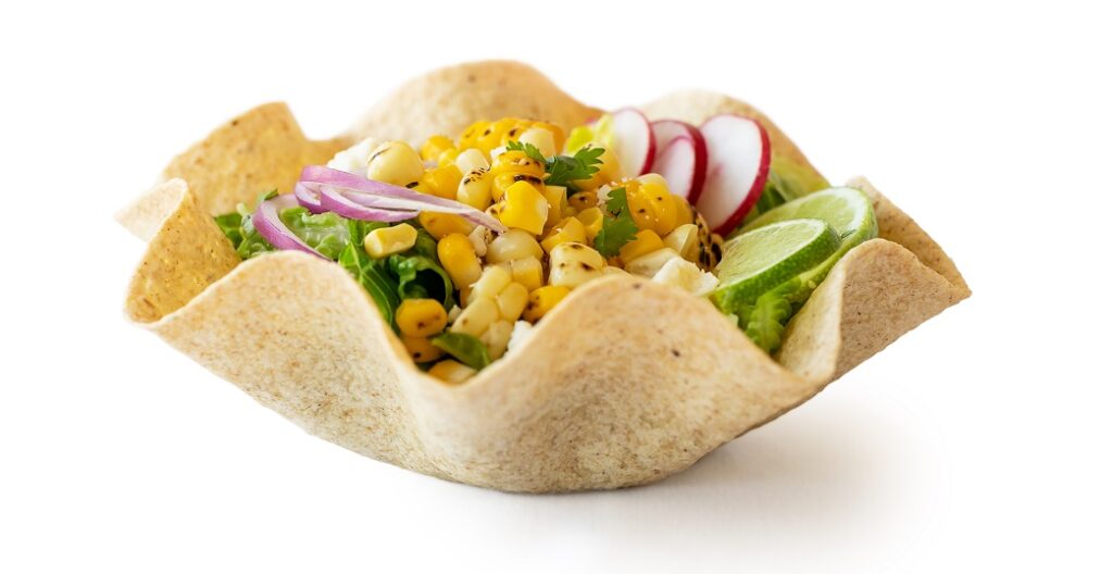 Edibowls Elote Salad menu idea and Baked Edible Bowl serving idea